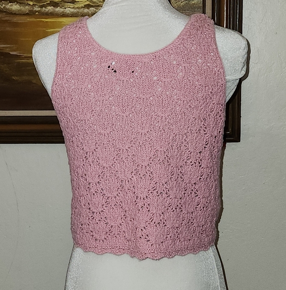 Vintage 1980s Cotton Pink Knit Sleeveless Tank Abalone Buttons by Knitmania - Picture 5 of 11